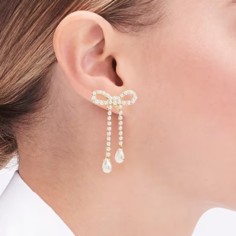 NWT Gold Pearl Bow Dangle Drop Earrings - Picture 3 of 6